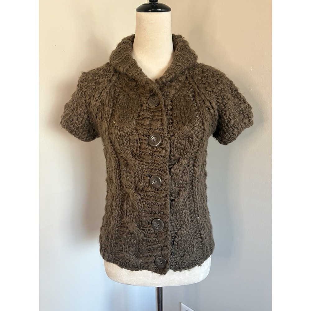 Vintage Vivienne Tam Y2K Brown Cable Knit Short Sleeve Cardigan Sweater Small